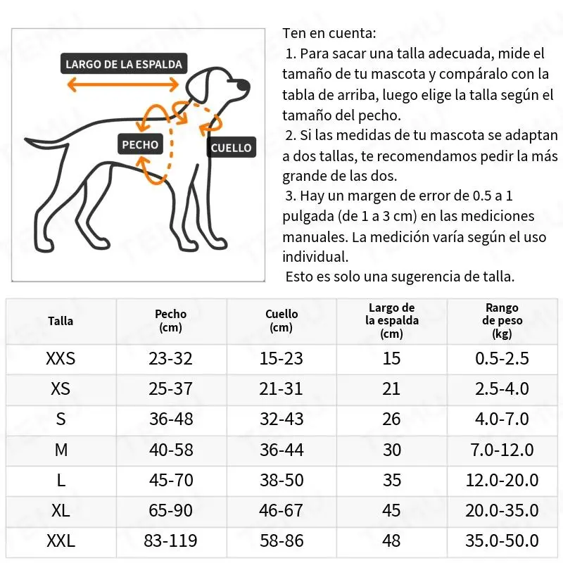 Tabla de correspondencias de tallas y medidas