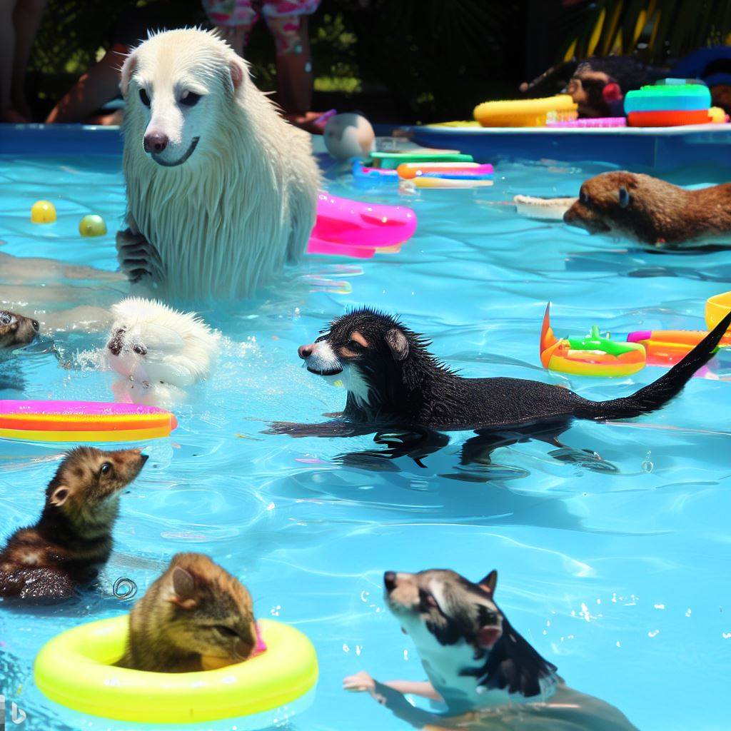 mascotas disfrutando de juegos en la piscina